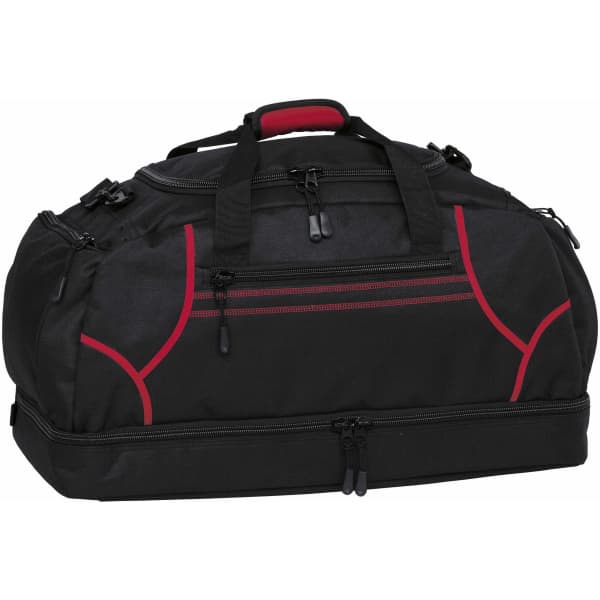 A black duffle bag with red accents, featuring multiple zippers and handles, and a logo on the surface.