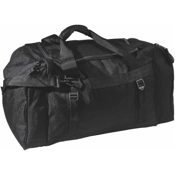 A black duffle bag with multiple compartments and adjustable straps, featuring a logo.