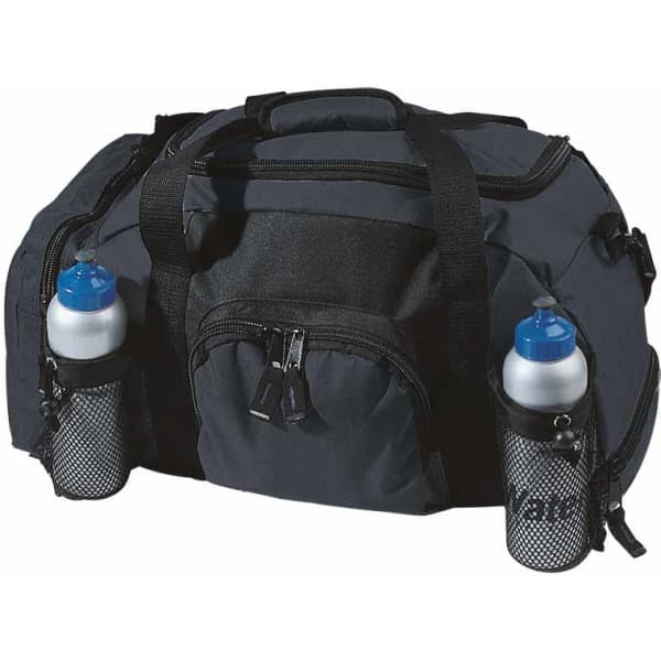 A black duffle bag featuring mesh pockets on each side with drink bottles secured inside.
