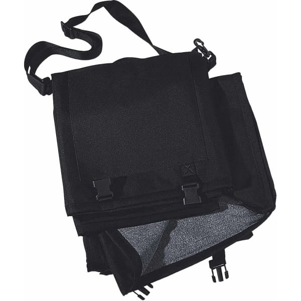 A black sports blanket with adjustable straps, folded and featuring clips for secure fastening.