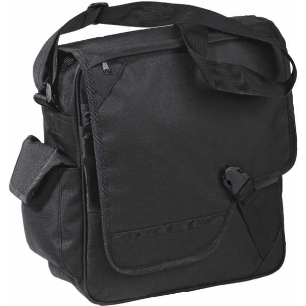 A black messenger bag with a shoulder strap and a front flap, featuring a side pocket and a logo.