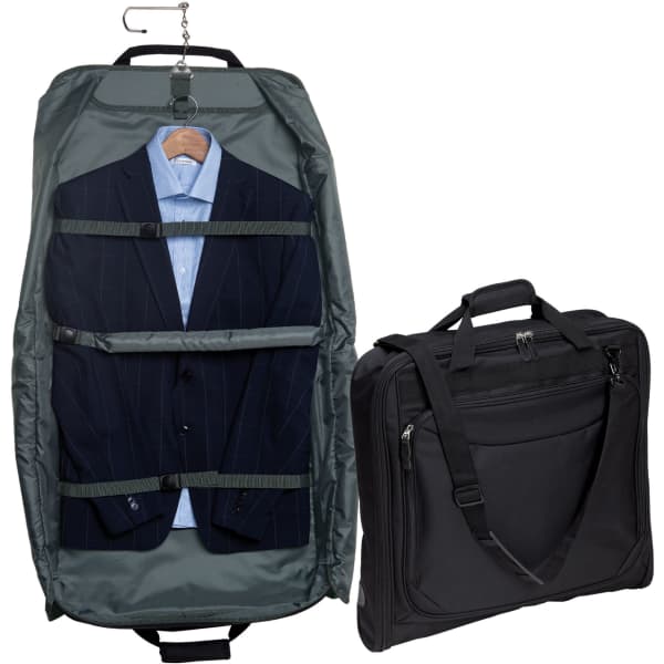 A black Transporter Garment Bag, featuring a suit and shirt inside, with a hanger and an outer tote compartment.