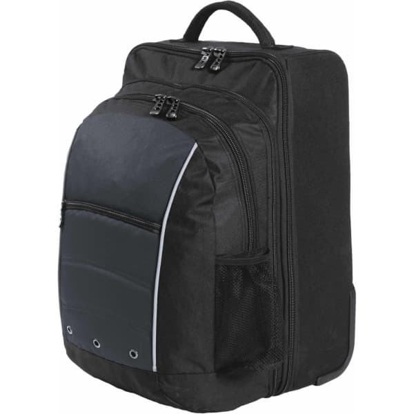 A black wheeled travel bag featuring multiple zipped pockets and a side mesh pocket, with a logo.