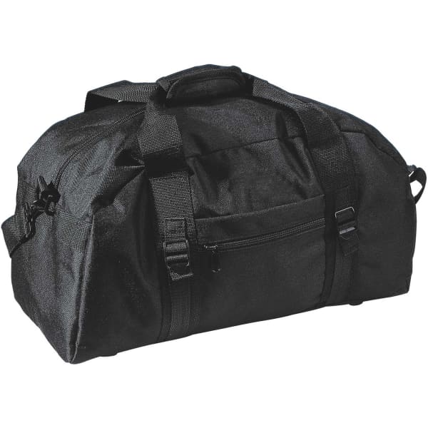 A black duffle bag with sturdy straps and a zippered pocket on the front, featuring a logo.