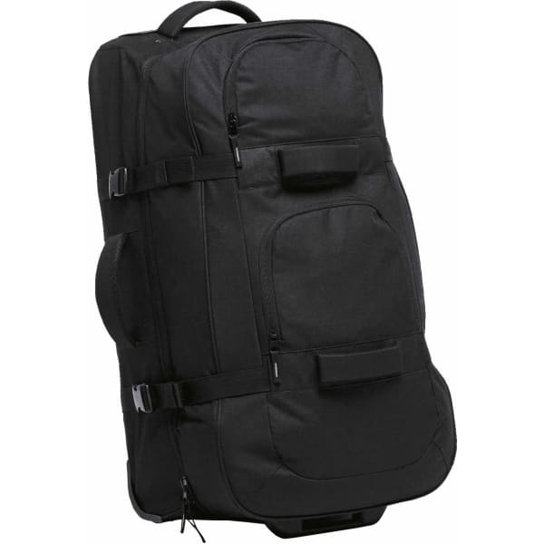 A black wheeled travel bag with multiple compartments and straps, featuring a branding logo.