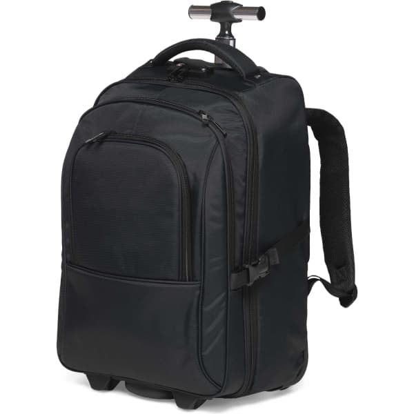 A black trolley backpack with a retractable handle and adjustable shoulder straps, featuring a front zip pocket.