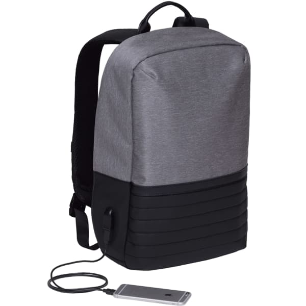 A grey and black backpack with a charging port and a smartphone attached by a cable. It features a sleek, modern design.
