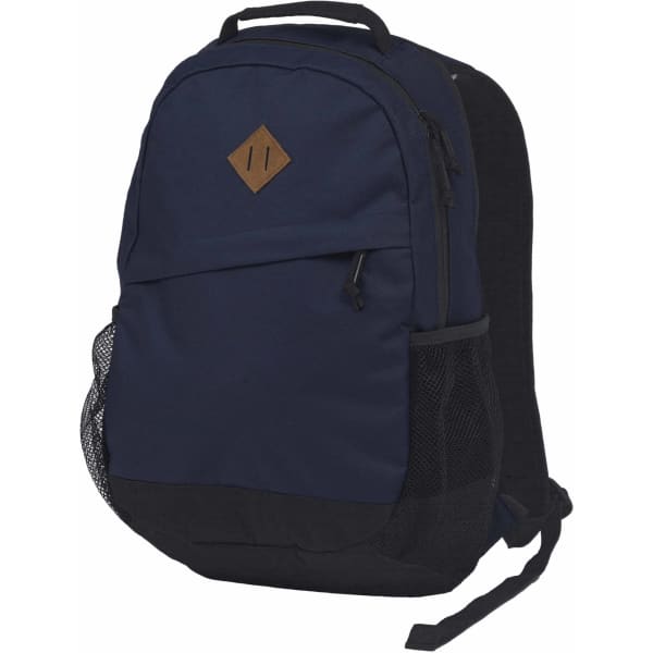 A navy blue backpack with a textured front panel and a mesh side pocket, featuring a small logo.