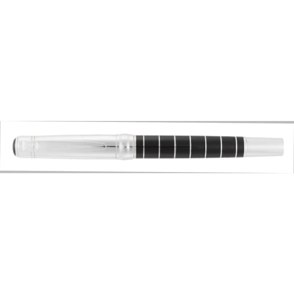 A sleek black and silver roller ball pen with a twist action mechanism and a metallic finish.