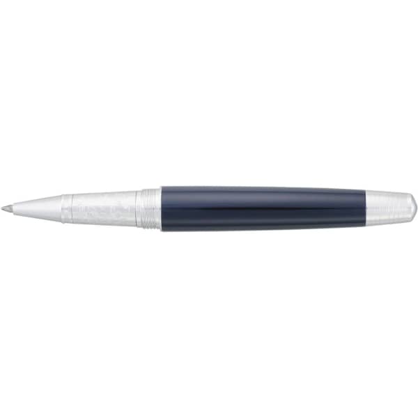 A metal roller ball pen with a shiny silver and dark blue body, featuring an engraved design and branding.