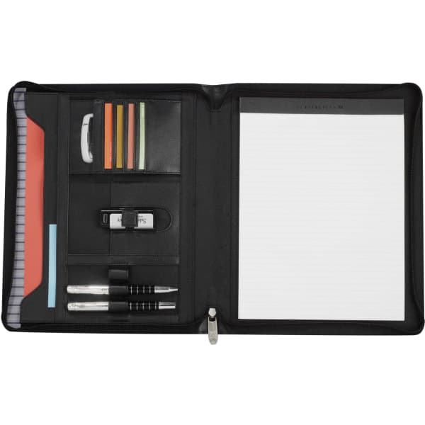 A black A4 zippered compendium with compartments for pens, notes, and cards, featuring a lined notepad and branding.