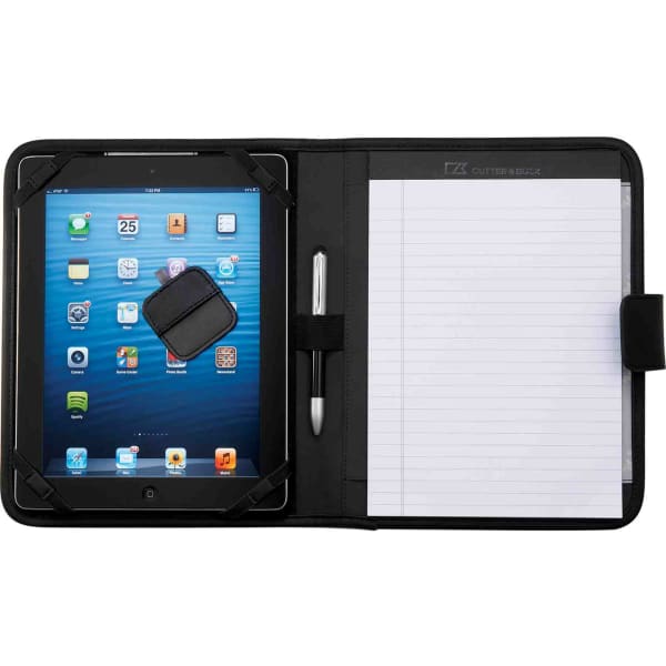 A black A5 tech pad folder featuring an iPad holder, a notepad, and a pen. Includes a logo on the exterior.