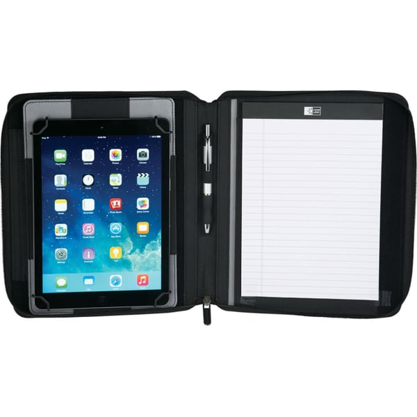 A black tech padfolio with a tablet holder, pen slot, and a notepad on one side. It has a logo.