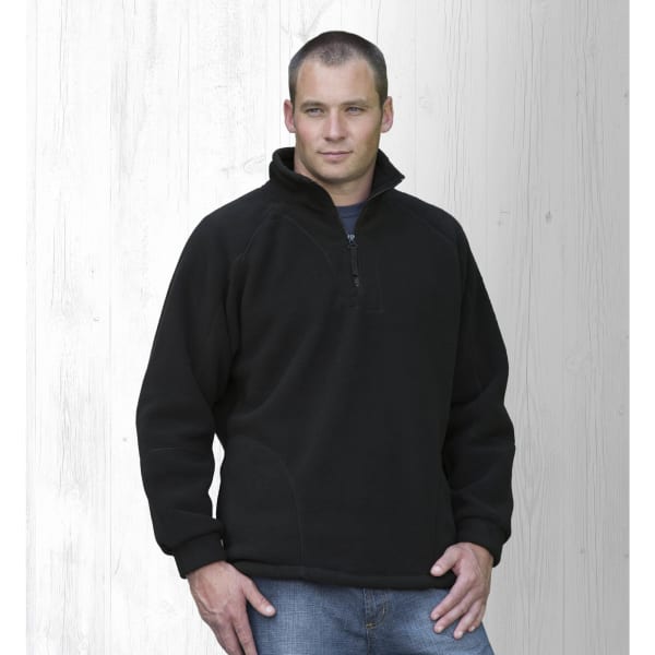 A black polar fleece pullover with a zip neck and casual fit, featuring a logo on the chest.