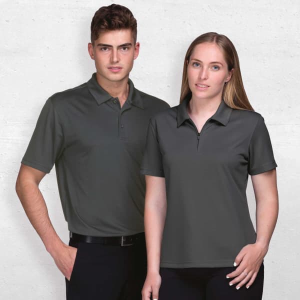 A grey men's and women's polo shirt displayed side by side, featuring a collar and a logo on each shirt.
