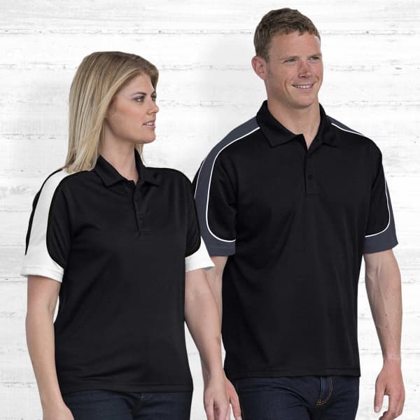A black polo shirt with white accents, featuring a logo, worn by a man and a woman.