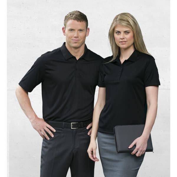 A black polo shirt for men and a fitted black polo shirt for women, both featuring a logo.