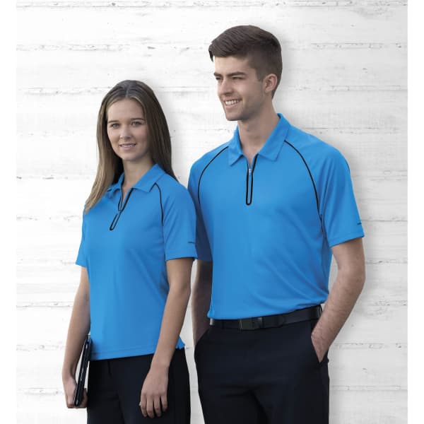A blue polo shirt with a zip neckline and contrast stitching, worn by a man and a woman, both posing against a light background.