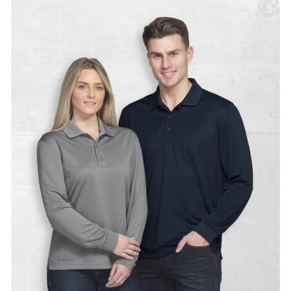 A grey long sleeve polo shirt and a navy long sleeve polo shirt worn by two models, both featuring logos.