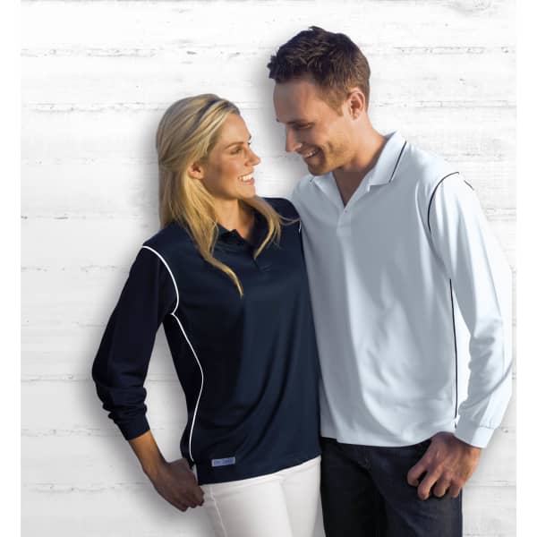 Dri Gear Long Sleeve Hype Polo in navy and light blue, featuring a logo, displayed on a couple against a white background.