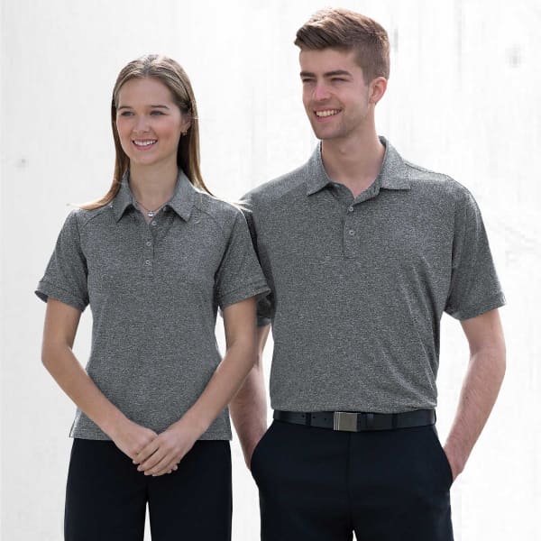 A melange grey polo shirt for men and women, featuring short sleeves and a classic collar. Includes a logo.