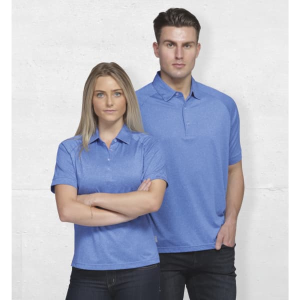 A blue melange polo shirt for women and a matching style for men, both featuring a logo.