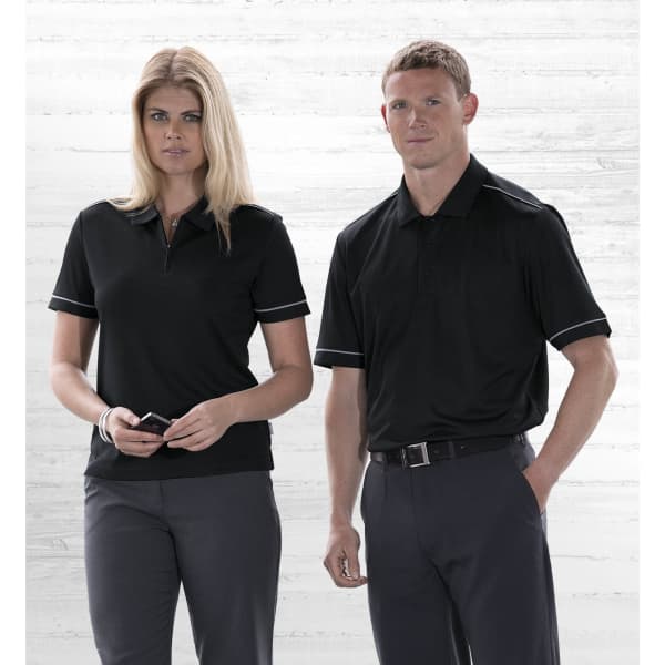 A black unisex polo shirt with white detailing, displayed on a male and female model against a light background.