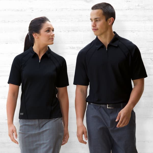 A black Dri Gear Active Polo shirt for men and women, featuring short sleeves and a zippered collar.