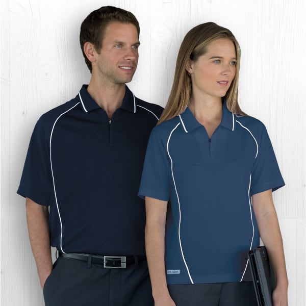 A navy blue polo shirt with white piping, featuring both a male and female model. The design includes a logo.