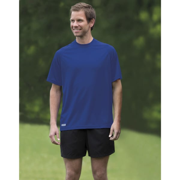 A man is wearing a blue Dri Gear plain raglan t-shirt, paired with black shorts. The shirt features a logo.