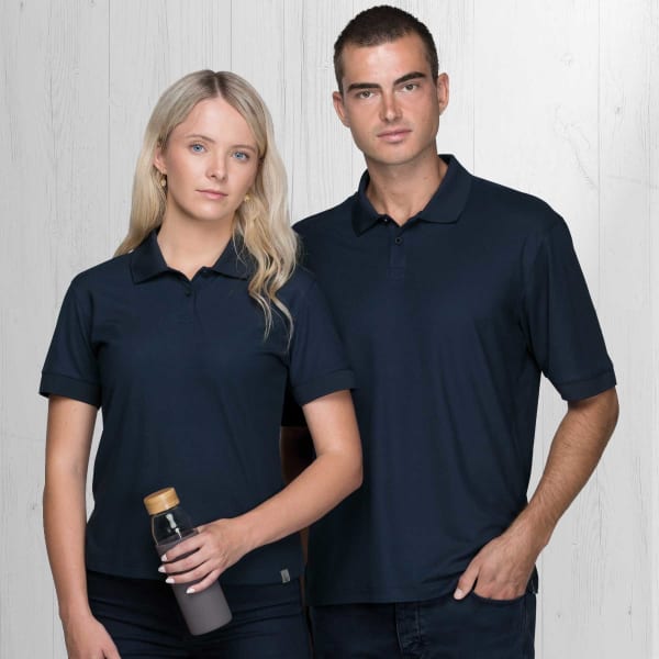 A navy polo shirt for men and a matching women's polo shirt, both featuring a logo.
