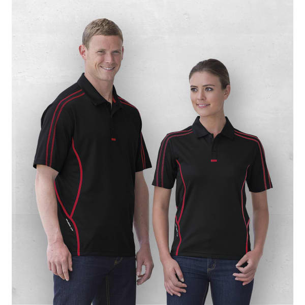 A black polo shirt with red accents, featuring short sleeves and a logo, displayed on a male and female model.