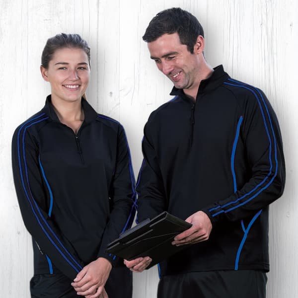 A black zip pullover with blue stripes, worn by a man and a woman, both smiling. The pullover features a logo.