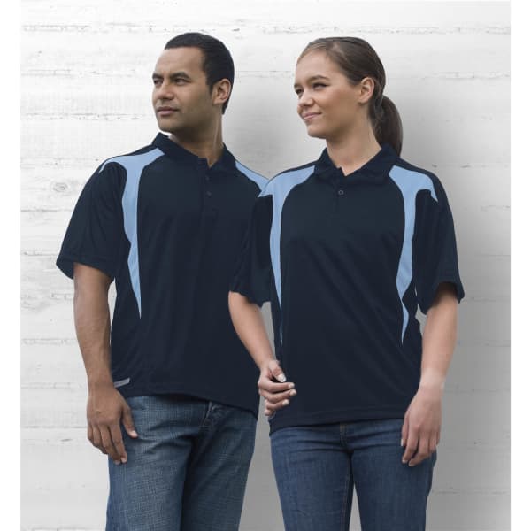 A navy polo shirt with light blue spliced details, modelled by a man and a woman against a neutral background.