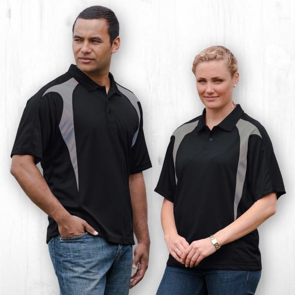 A black polo shirt with grey spliced accents, modeled by a man and a woman. It features a logo on the chest.