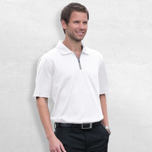A white polo shirt with a zippered collar, featuring short sleeves and a logo on the chest.