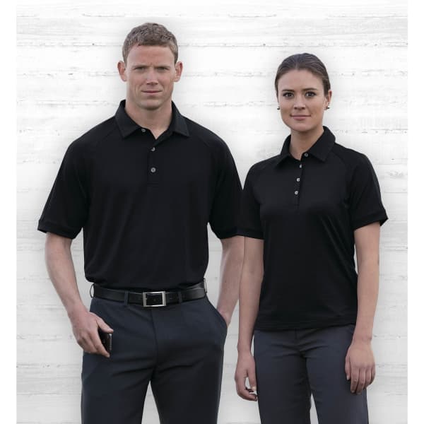 A black polo shirt is displayed on a male and female model, featuring a branded logo.