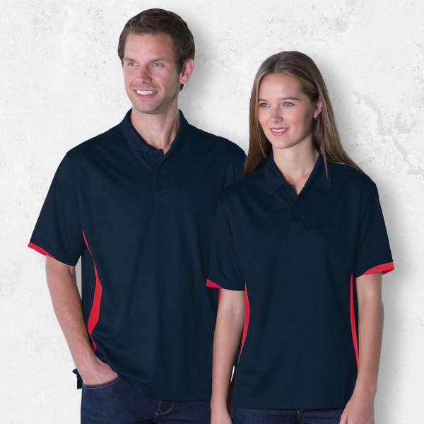A navy polo shirt with red accents, displayed on a male and female model. The shirt features a collar and branding.