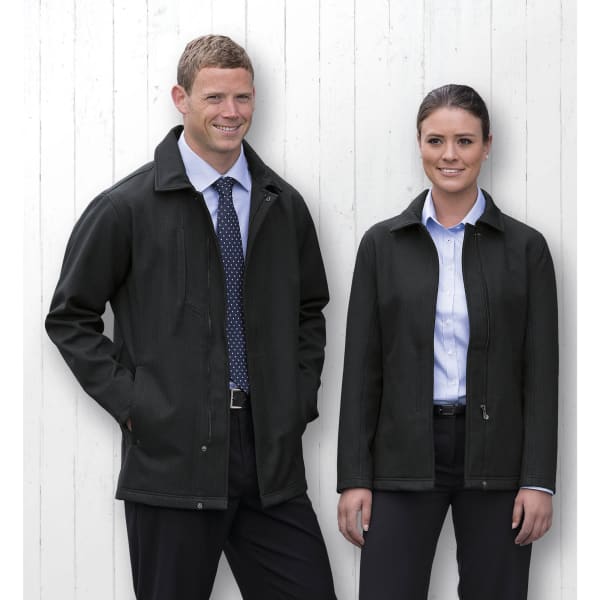 A dark green soft shell jacket modelled by a man and woman, featuring a logo on each jacket.