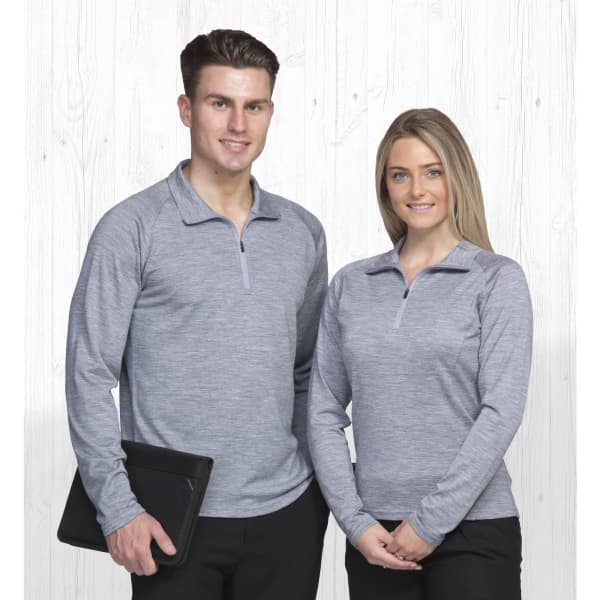 A grey Merino zip pullover for women, featuring a quarter zip and long sleeves, modelled by a woman and a man.
