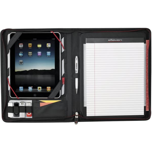 A black zippered padfolio featuring space for an iPad, notepad, a pen, and small storage pockets.