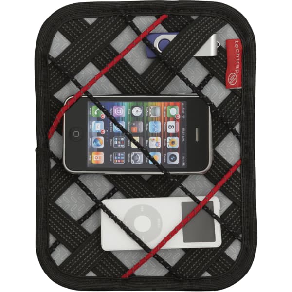 A black tech trap featuring a mesh design, holding a smartphone, USB drive, and media player.