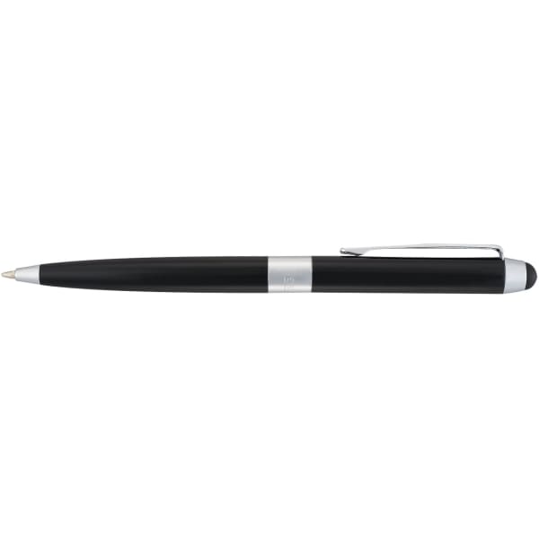 A metal pen featuring a sleek black body, silver detailing, and a stylus tip. It includes a clip for easy attachment.