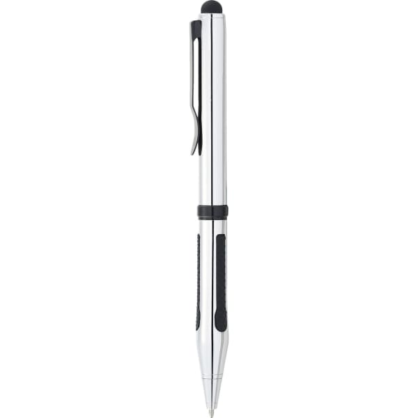 A metallic silver ballpoint stylus pen featuring black grip sections and a clip, with a branding logo visible.