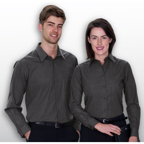 A button-up shirt in a dark grey colour, displayed on a male and female model, featuring a logo on the shirt.