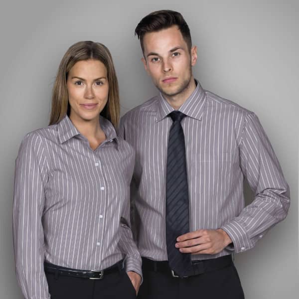 A grey button-up shirt with vertical stripes, displayed on a male and female model, featuring a logo.