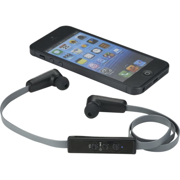 Bluetooth earbuds in black with a grey neckband, positioned beside a smartphone displaying a home screen.