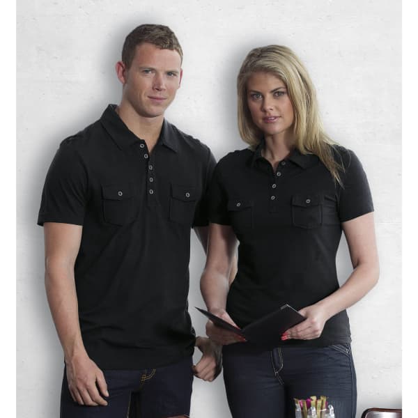 Two models wearing black Fusion Polo shirts, featuring button-up collars and front pockets.