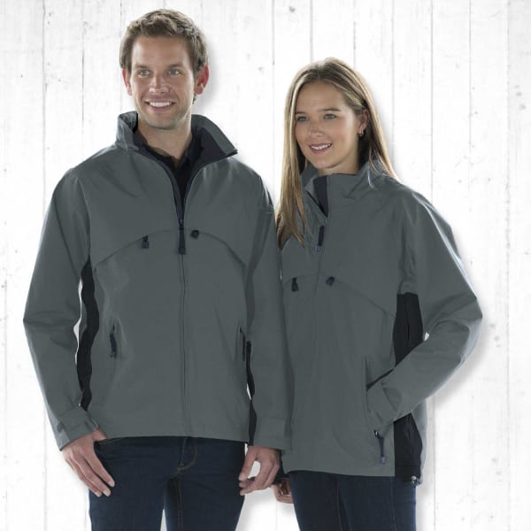 A grey rain jacket featuring a two-tone design, with a logo visible on the chest, displayed on male and female models.