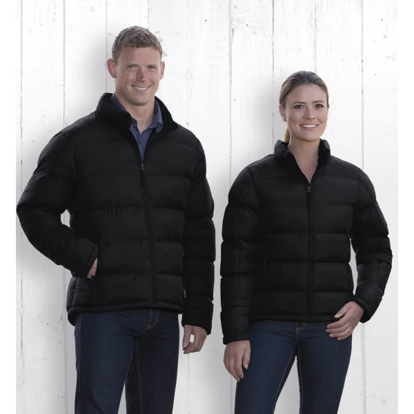 A black puffer jacket worn by a man and a woman, featuring a zip-up front and a logo.